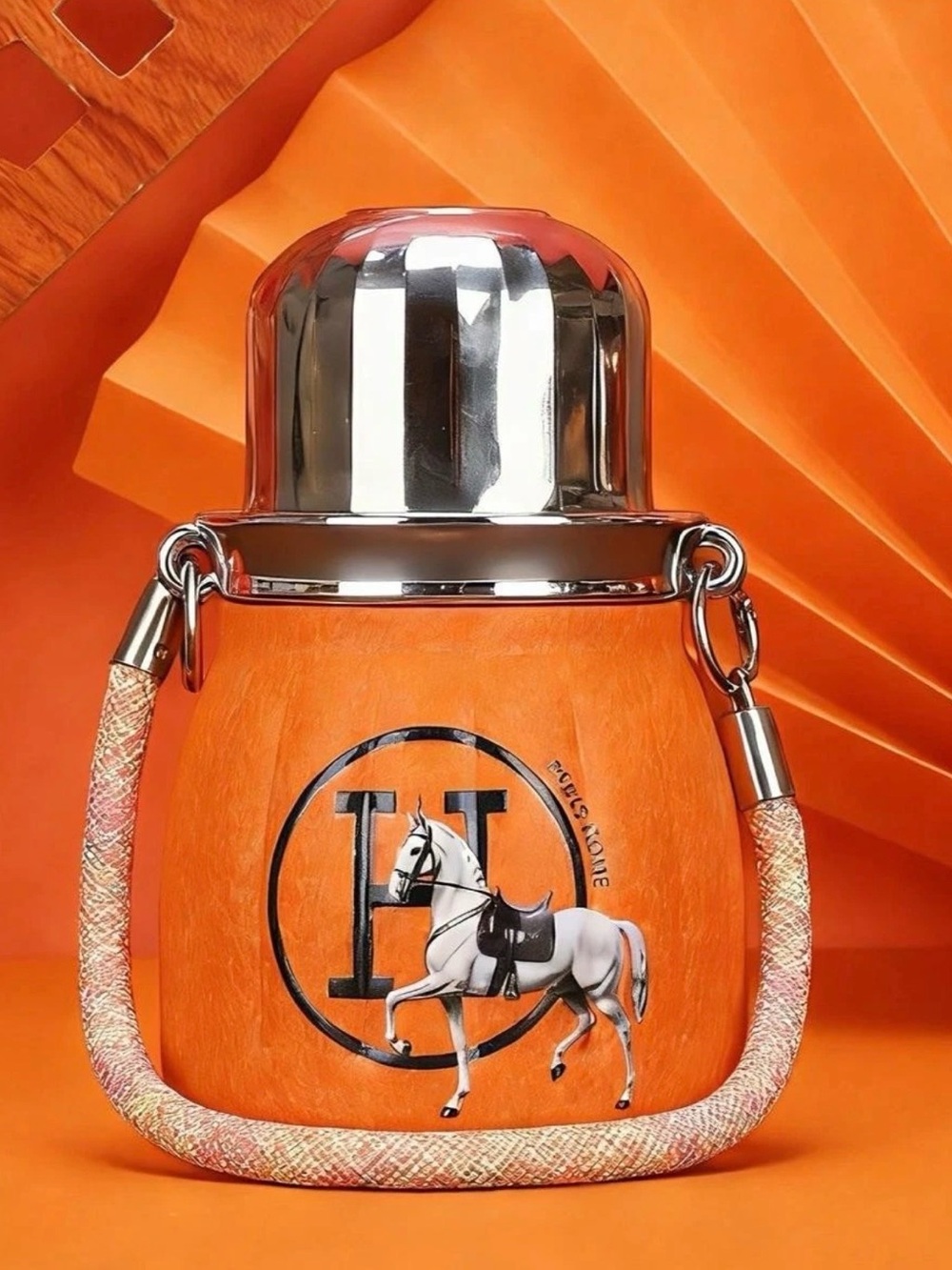 Hermes Orange Horse Print Travel Flask with Silver Cap